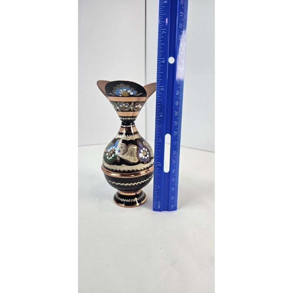 Persian‎ Minakari Copper Vase Hand-Painted Floral Enamel Black 6.5in